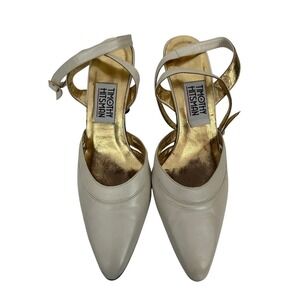 Timothy Hitsman White Leather Ankle Strap Pumps Gold Ball Statement Heel 8.5 M